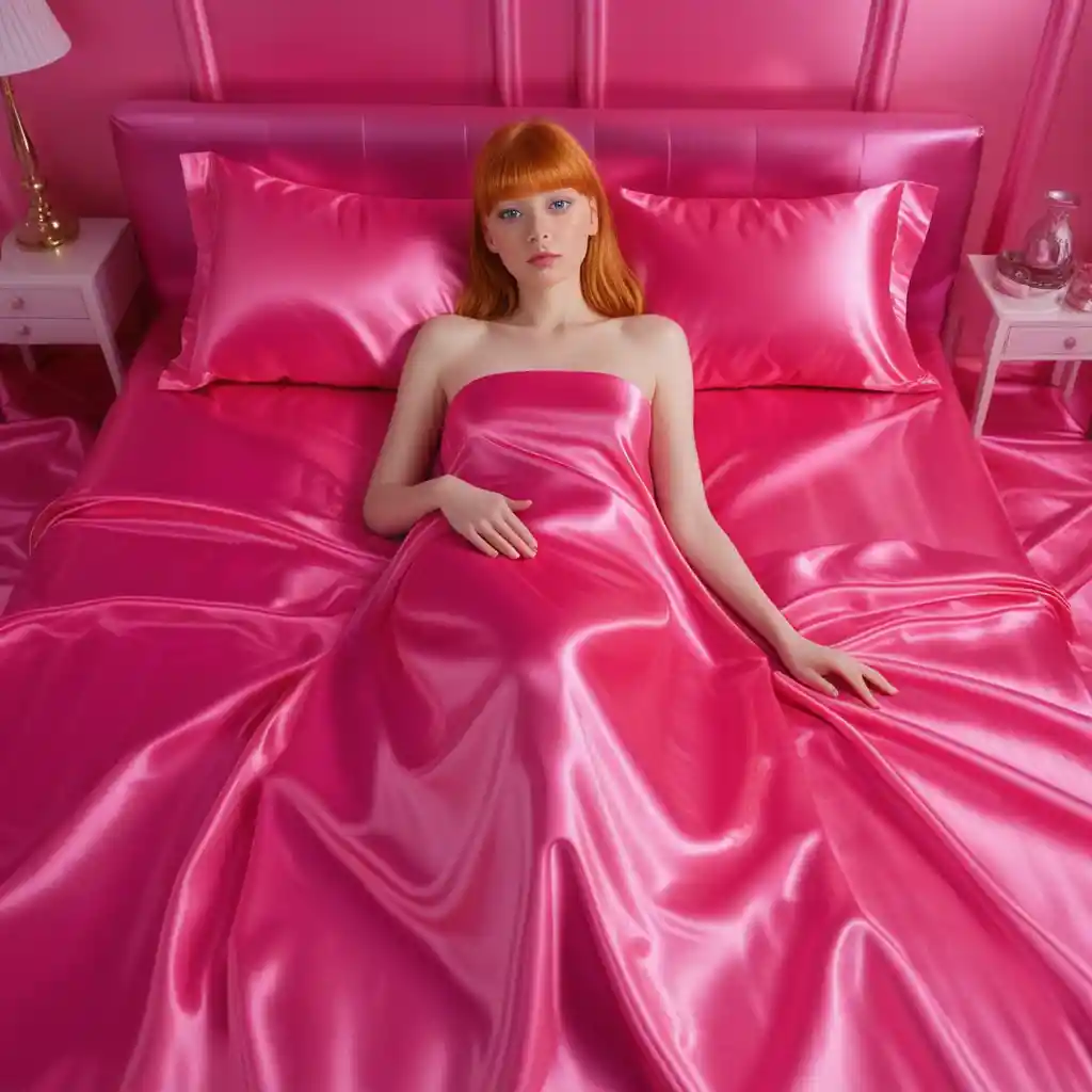 Beautiful woman lying on shiny pink satin bed sheets
