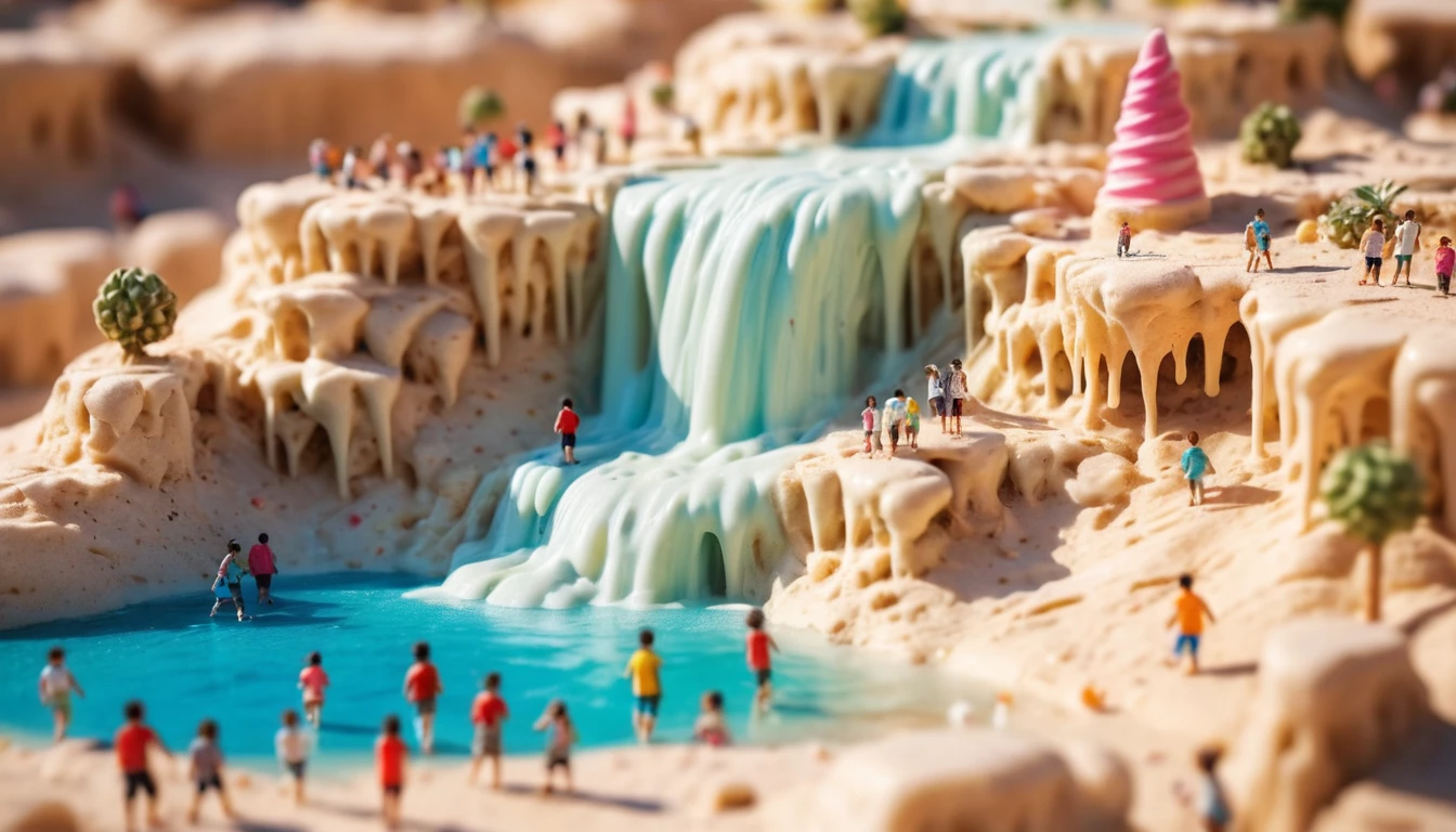 Children playing in a magical ice cream waterfall desert