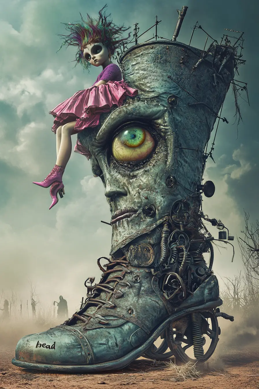 Surreal gothic woman on monstrous mechanical striped shoe