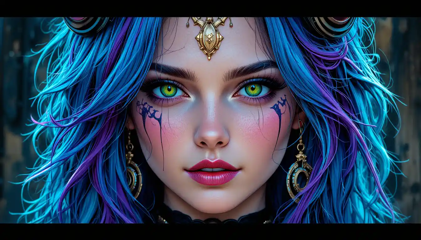 Playful steampunk woman with vivid blue and purple hair