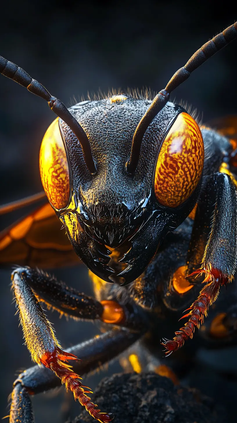 Primer plano macro extremo del rostro amenazante de una avispa