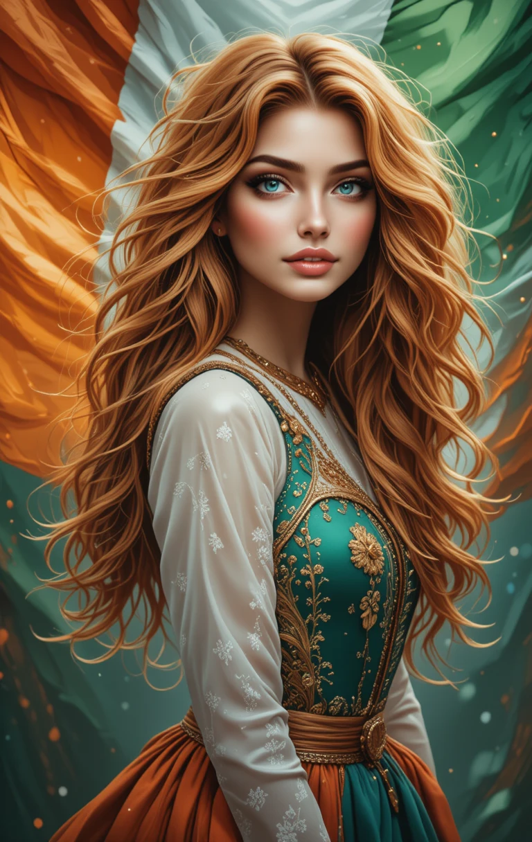 Irish woman in traditional dress before a waving flag