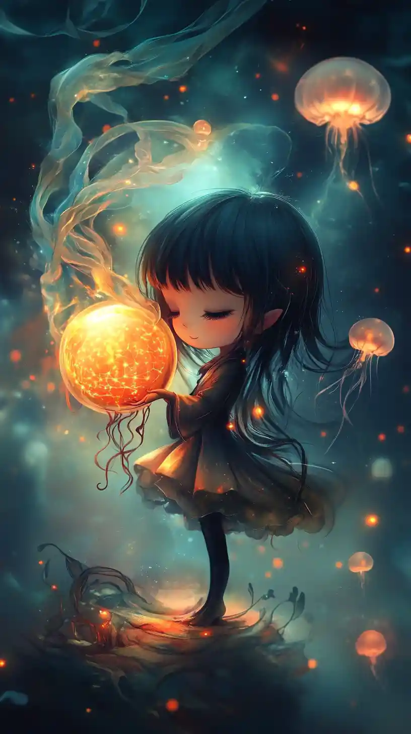 Chibi demon girl with glowing dream orb and spirit jellyfish