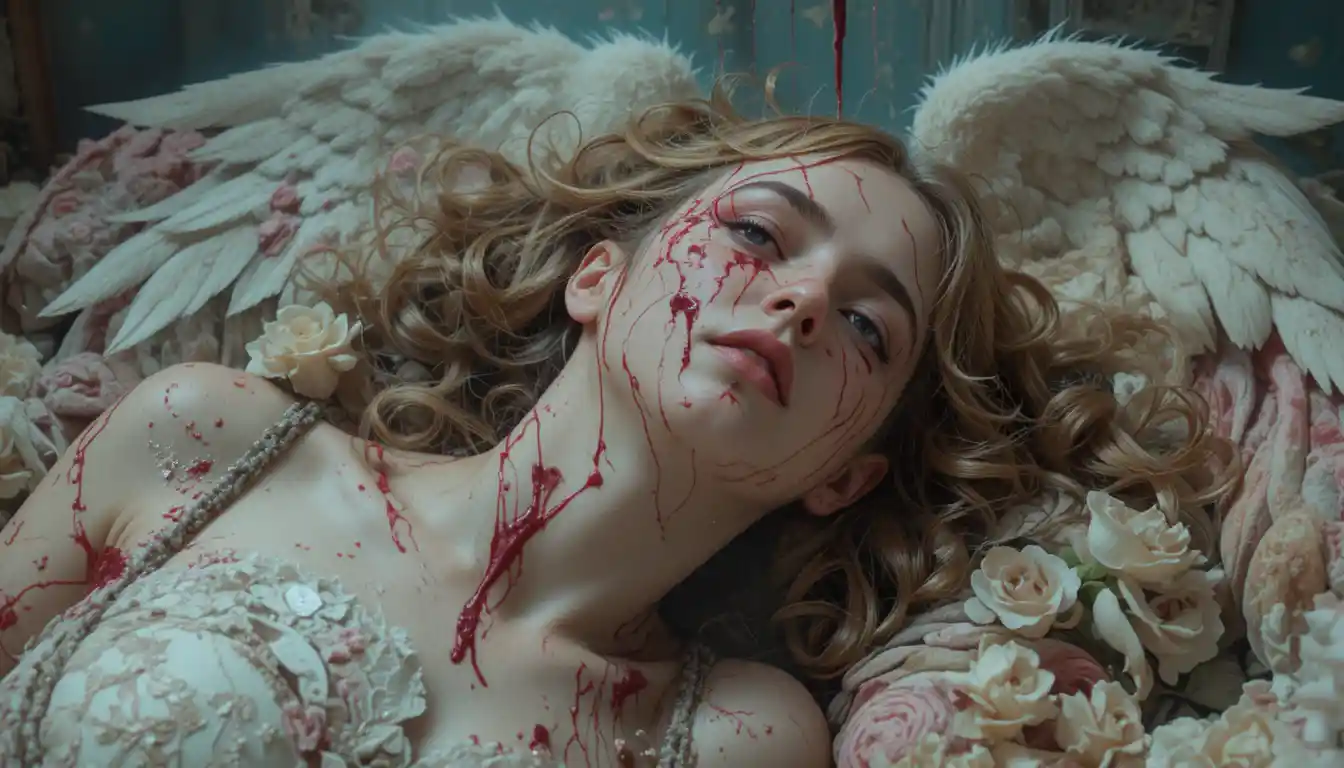 Surreal popsurrealist woman in a bizarre sentimental nightmare
