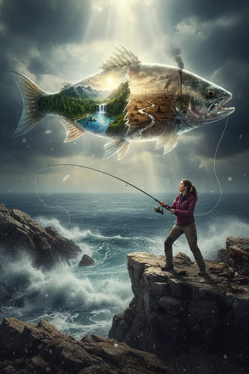 Woman fishing on rocky coast with gigantic surreal crystal fish