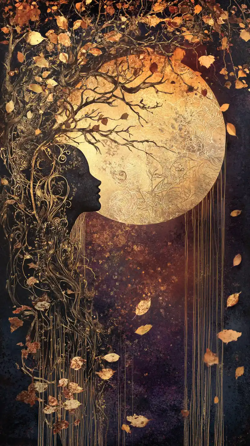 Surreal autumn landscape with colossal celestial statue