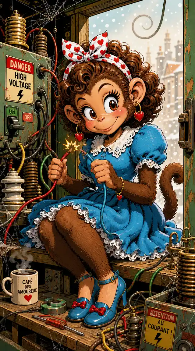 Anthropomorphic monkey girl in comic style with broken wire
