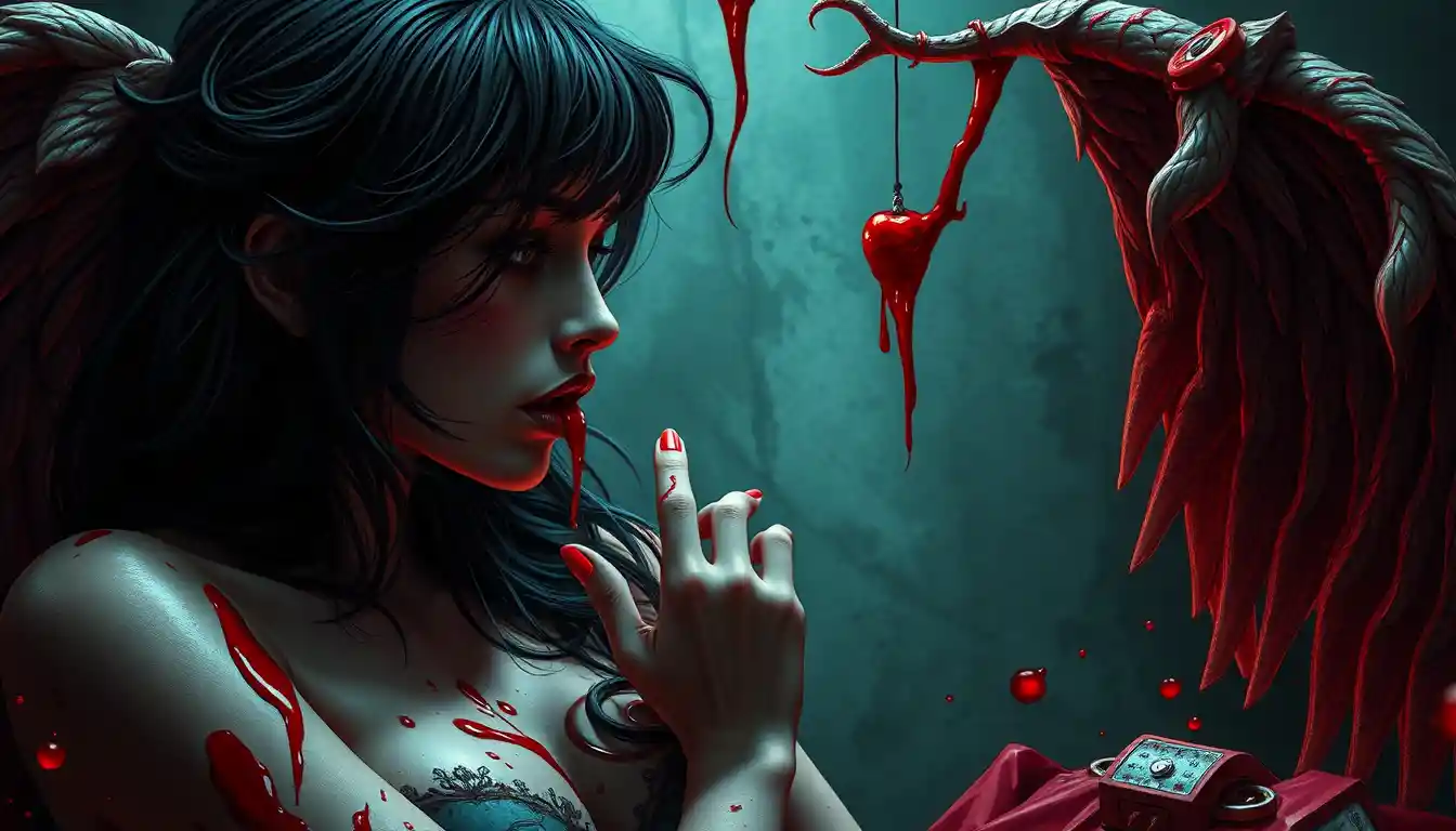 Surreal popsurrealist woman in a dark sentimental nightmare