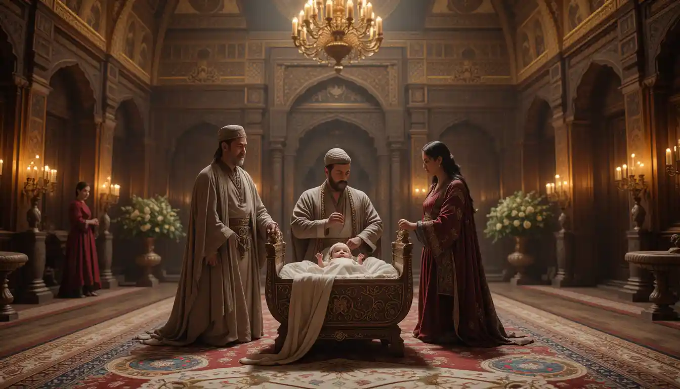 Timurid royal family with newborn in a candlelit palace