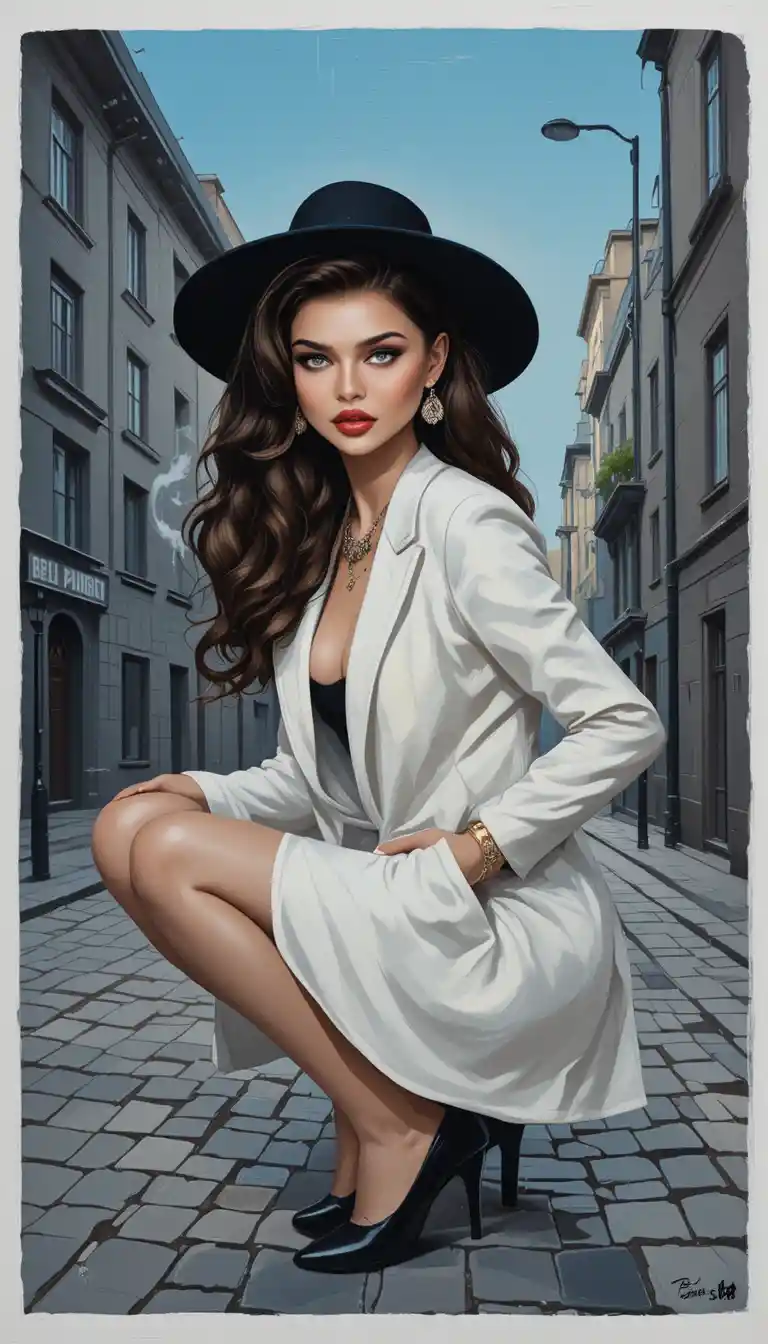 Woman in a hat smoking on a cobblestone city street