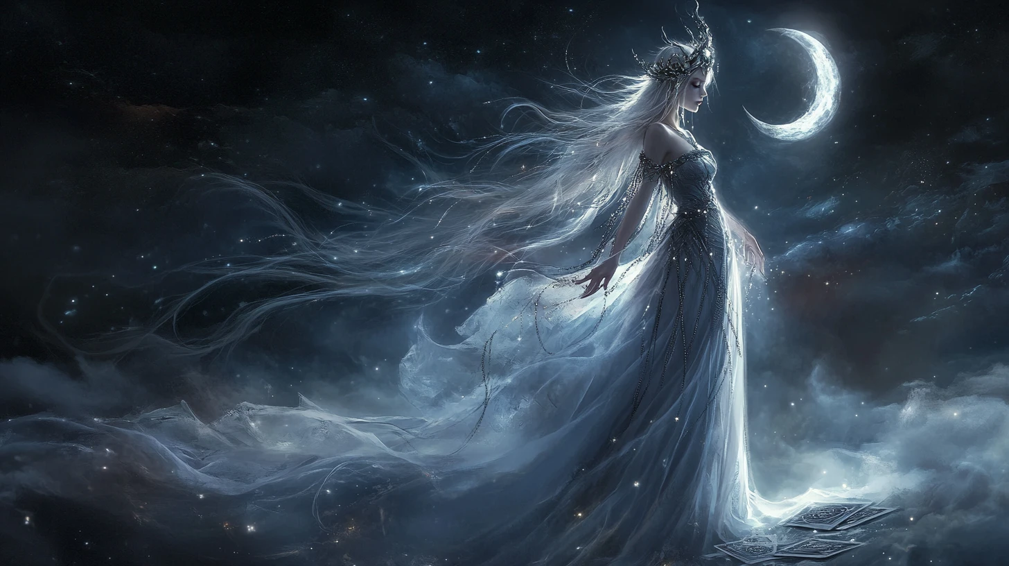 Celestial gothic queen before a glowing moonlit card