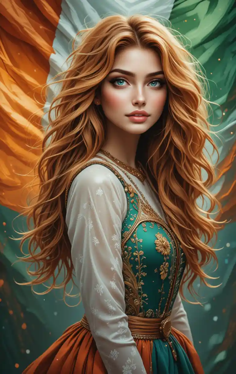 Irish woman in traditional dress before a waving flag