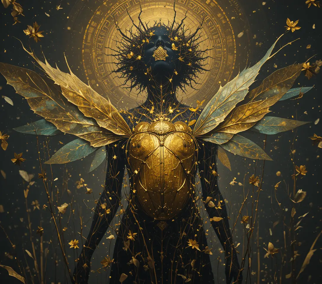 Surreal Figure Dissolving Into Gold Leaf Beetles On Velvet