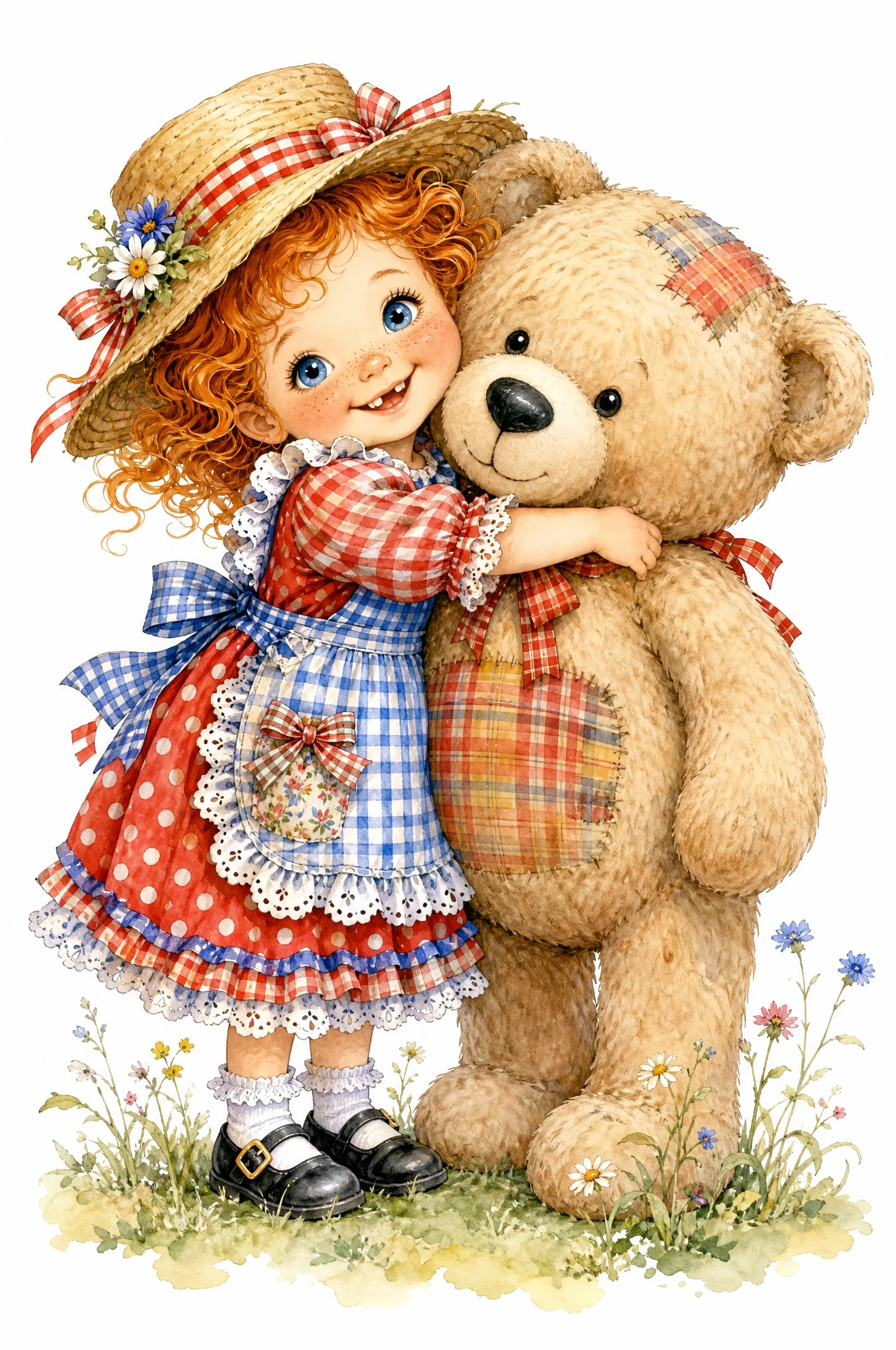 Cute red haired girl hugging a large teddy bear