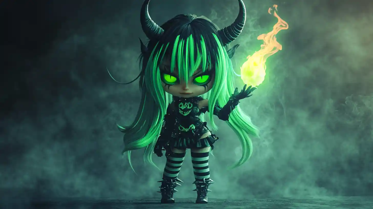 Chibi demon girl holding eerie green magical flame