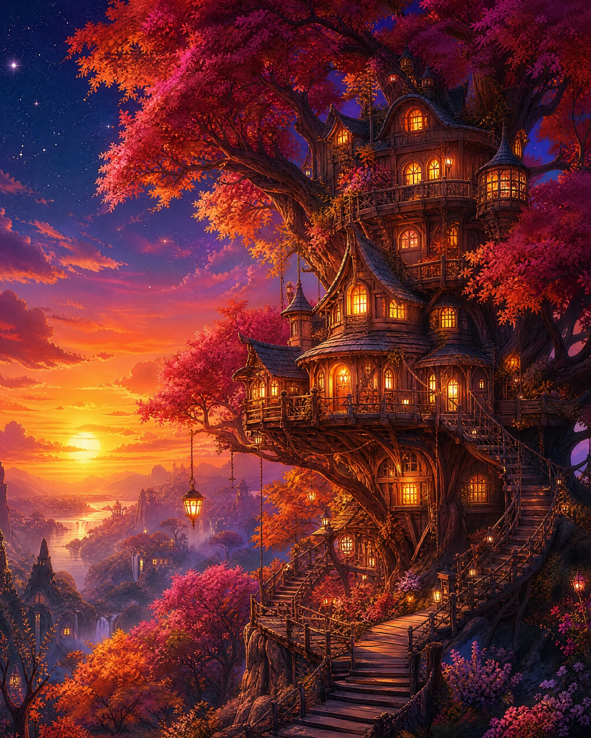 Whimsical multilevel treehouse glowing in a colorful forest