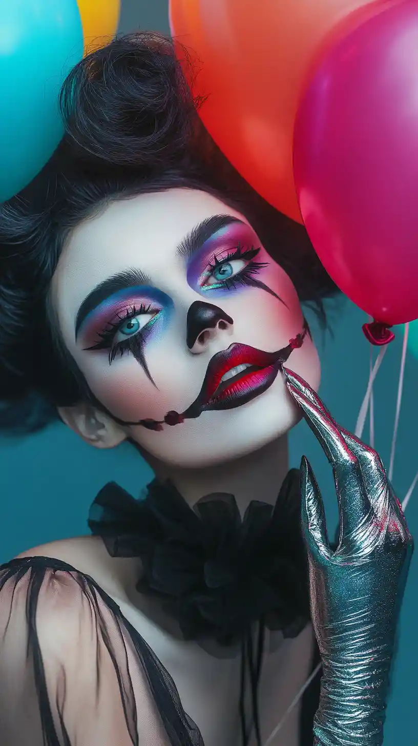 High fashion portrait with surreal clown inspired makeup