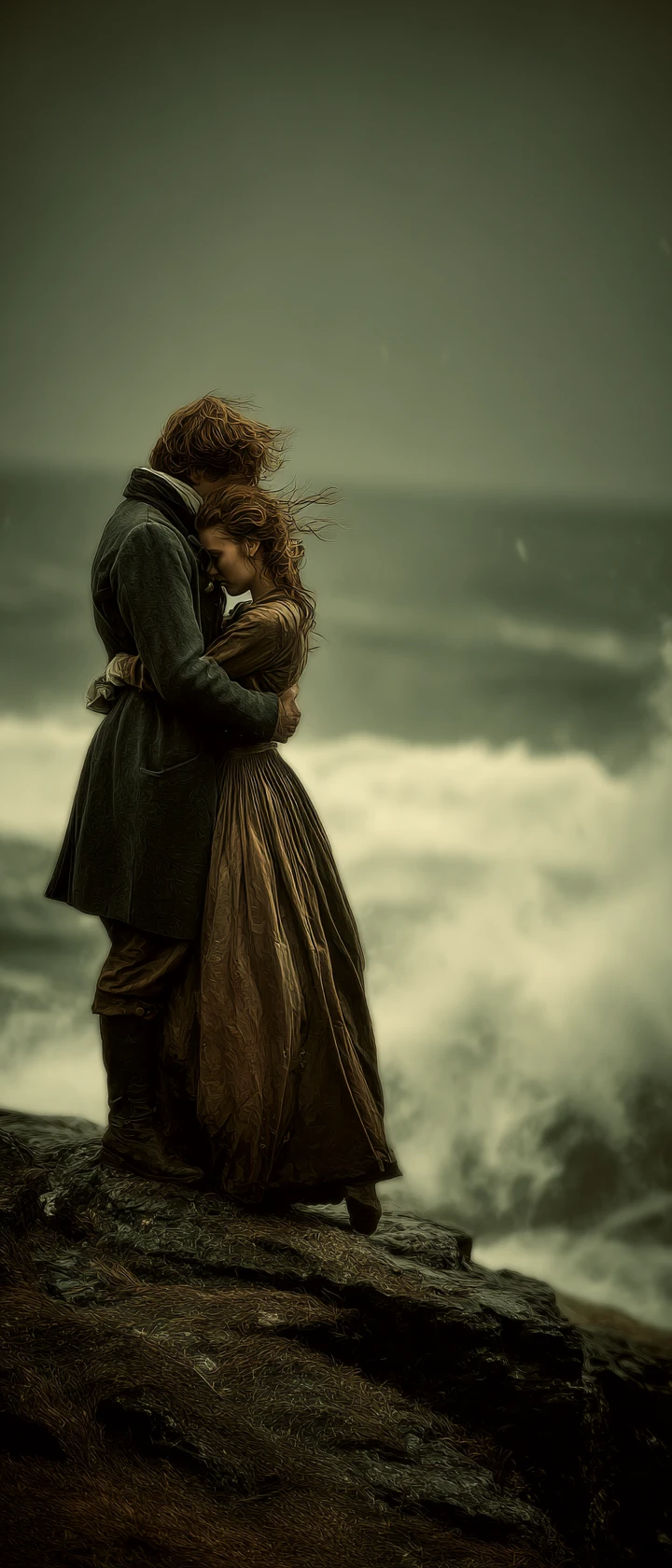 Lovers embracing on a stormy Scottish cliffside