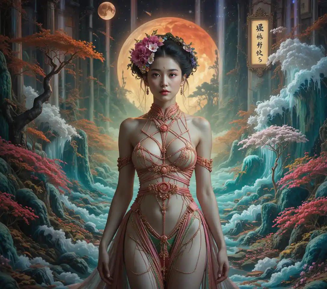 Surreal woman in silk cords before living ukiyo e scroll