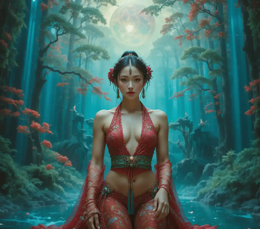 Surreal woman in silk cords before living ukiyo e scroll
