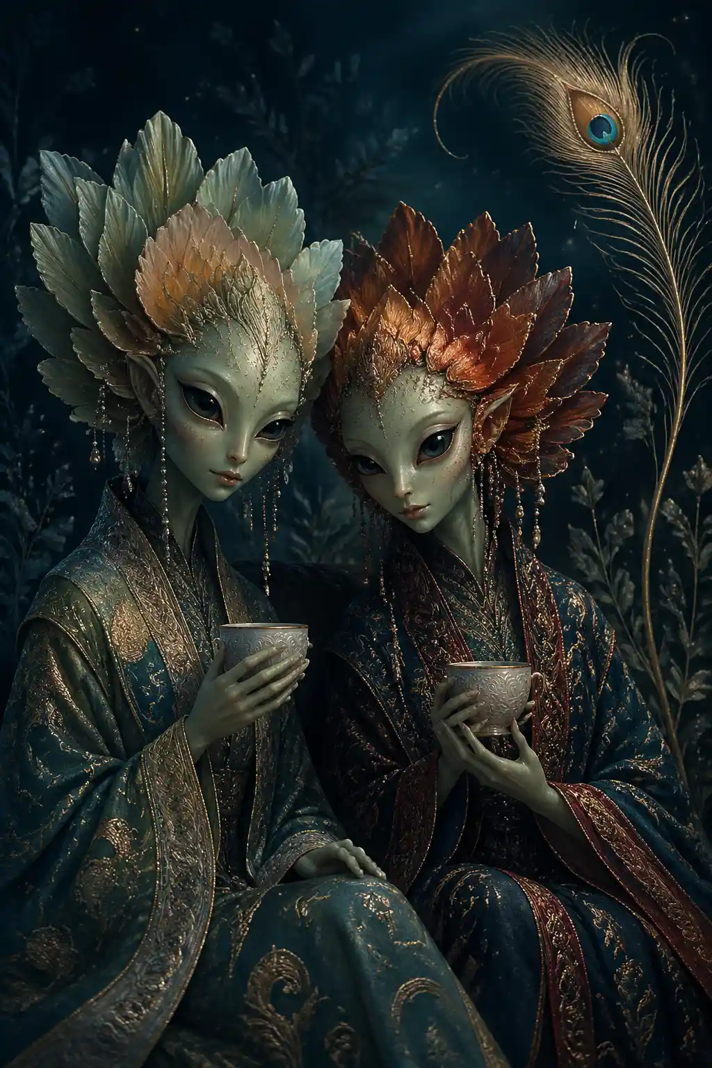 Twin alien figures in ornate floral headdresses and robes