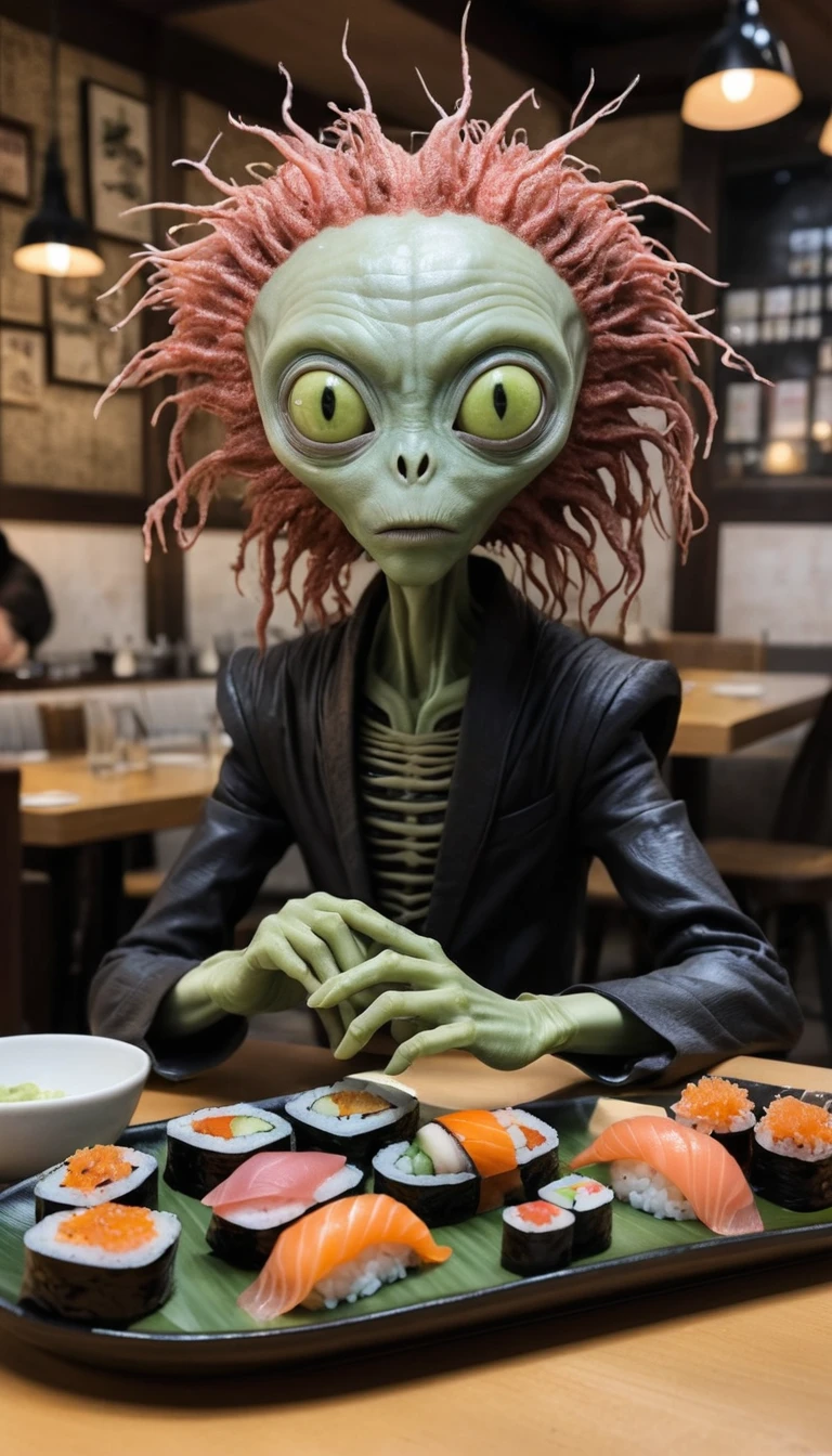 Whimsical clay monsters as sushi chefs in a forest