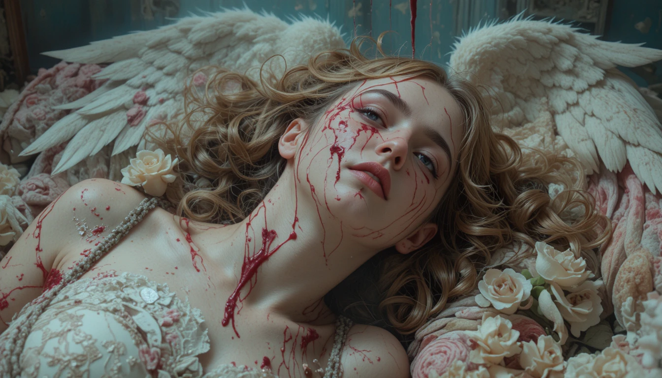 Surreal popsurrealist woman in a bizarre sentimental nightmare