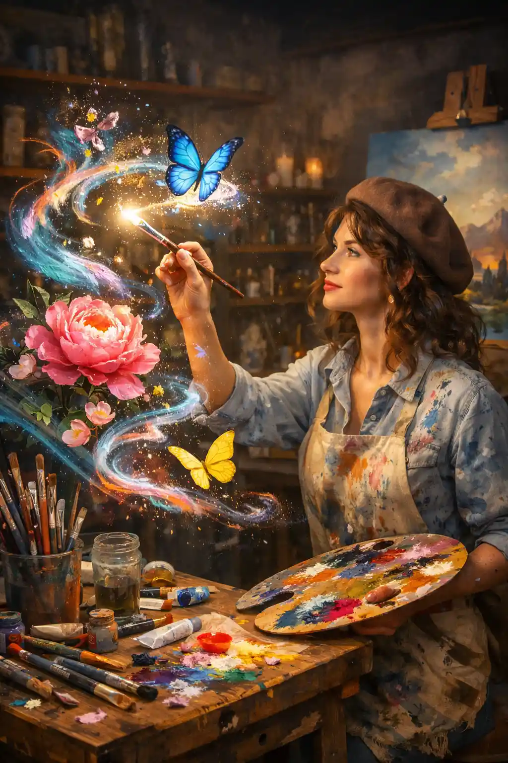 Artist woman painting glowing forms that become real objects
