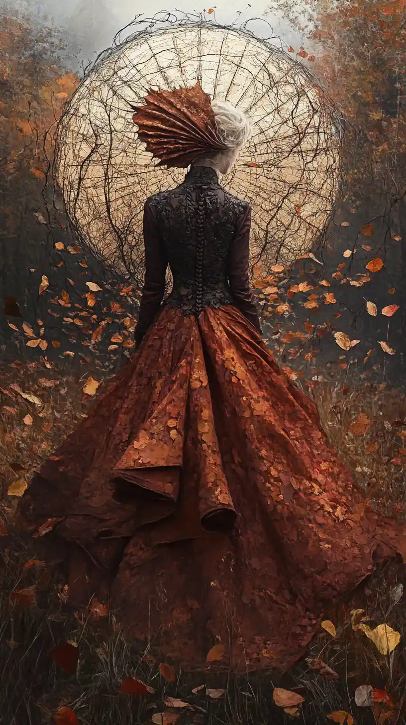Surreal celestial face over a field of frozen autumn leaves