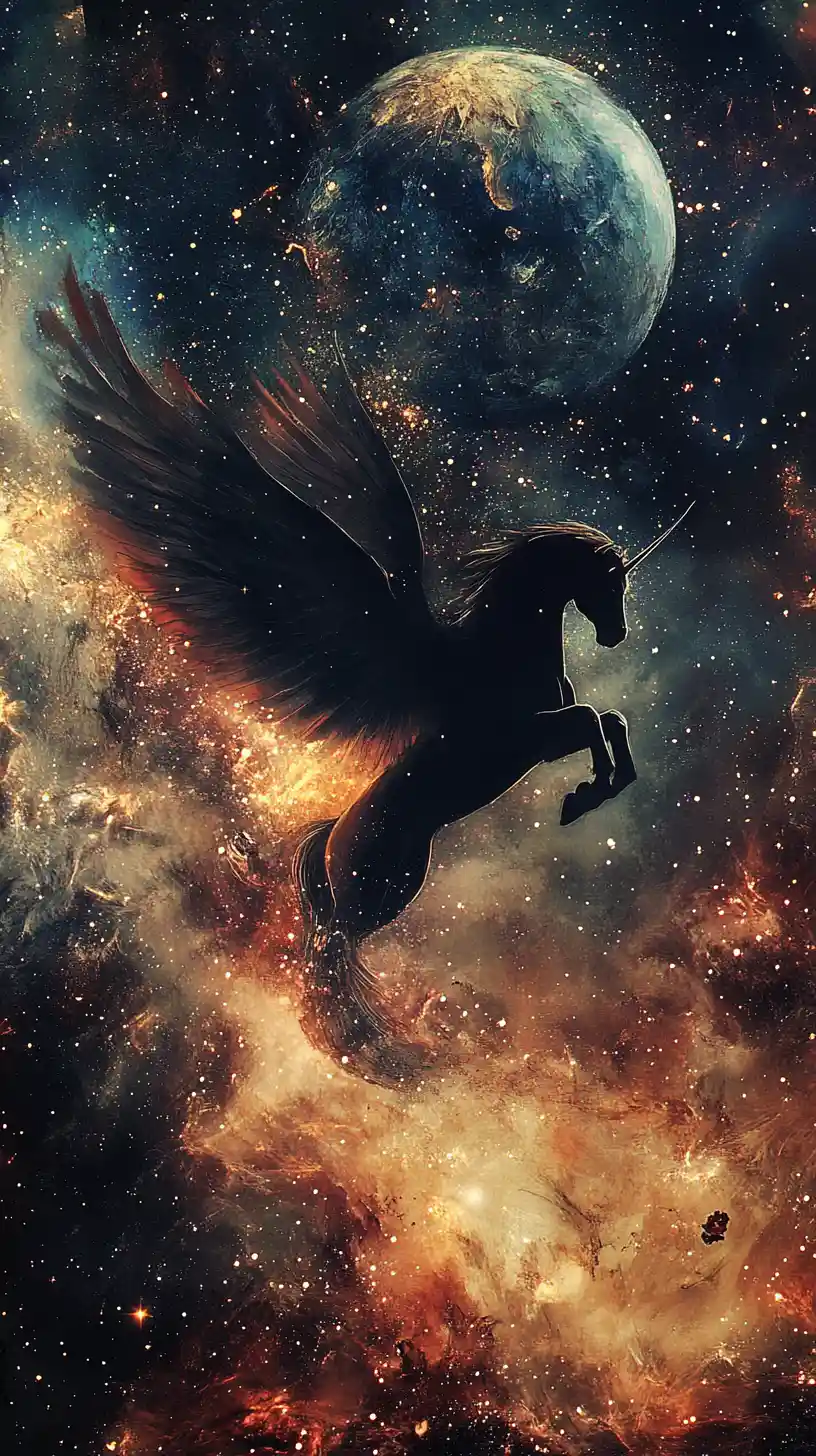 Mystical Pegasus Descending Over A Swirling Starry Planet