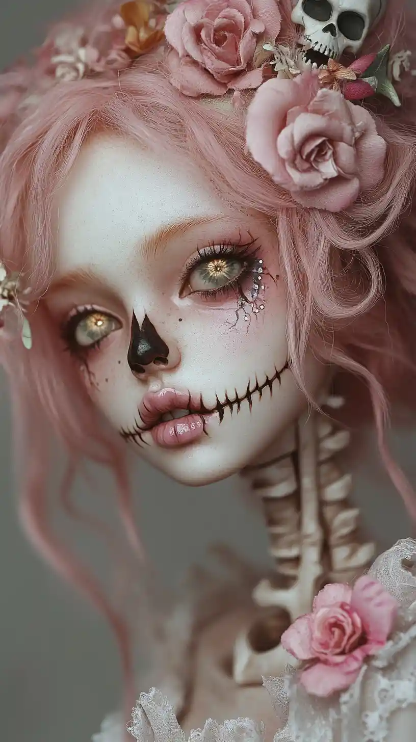 Porcelain doll girl with cracked face and glowing eyes
