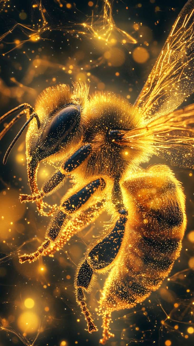 Ultra macro bee dissolving into glowing silk like filaments