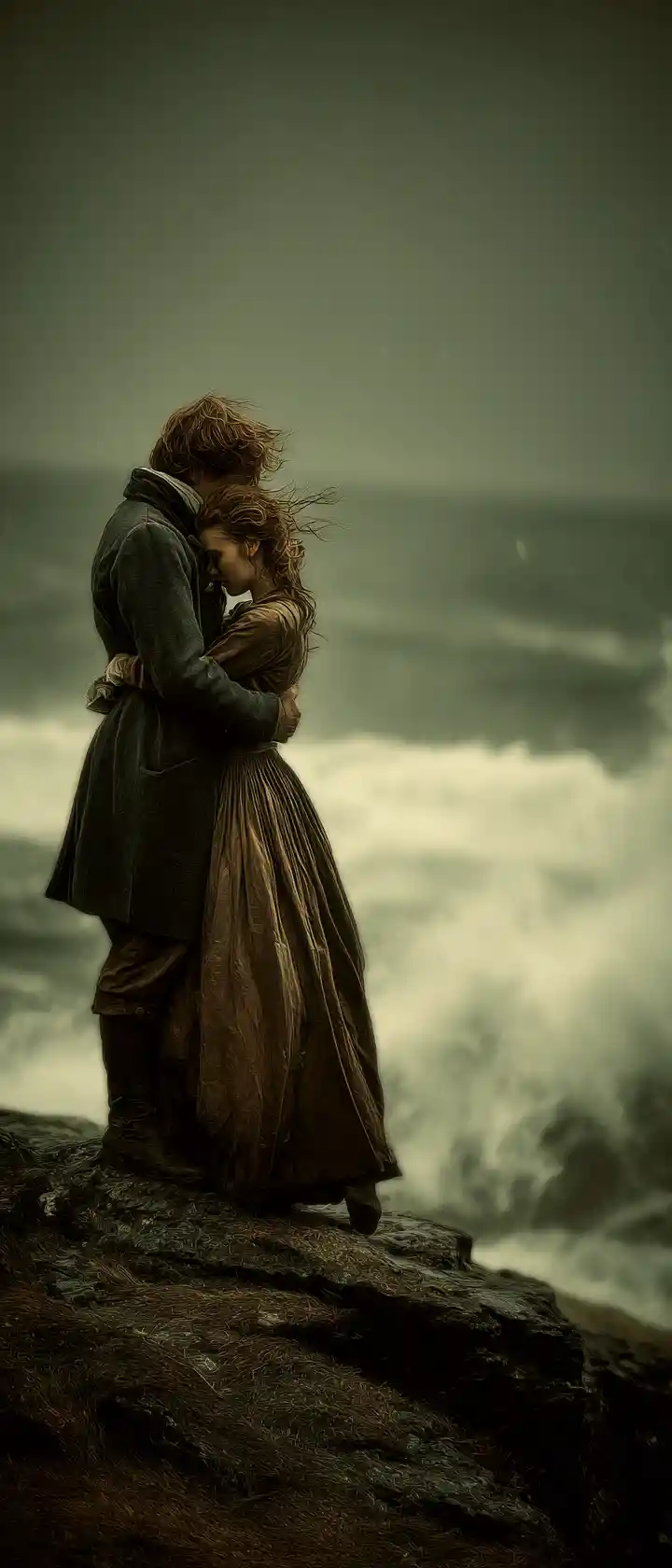 Lovers embracing on a stormy Scottish cliffside