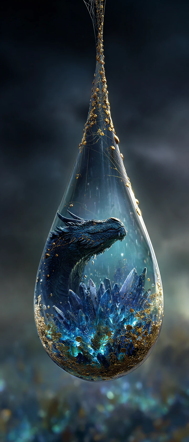 雨粒の中で光る結晶を守る小さなドラゴン