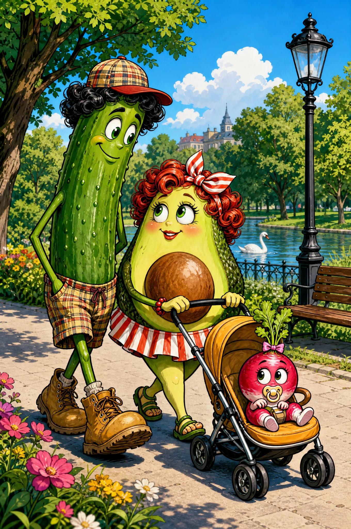 Famiglia di verdure a cartone animato che passeggia in un soleggiato parco cittadino