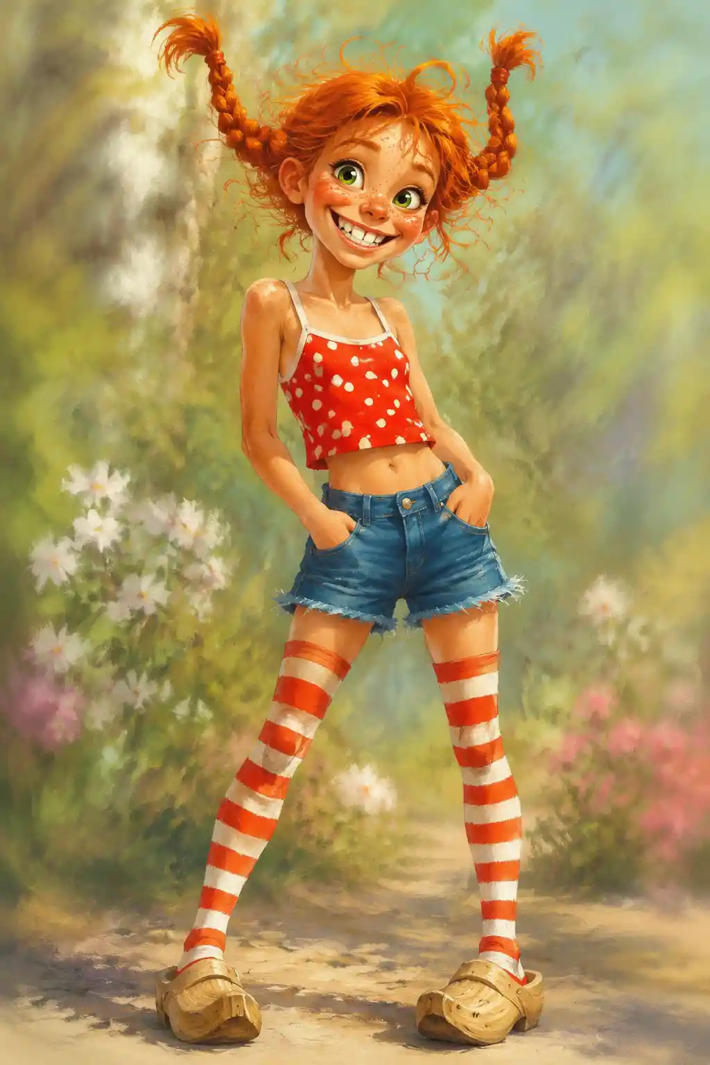 Cheerful red haired girl in shorts and striped stockings