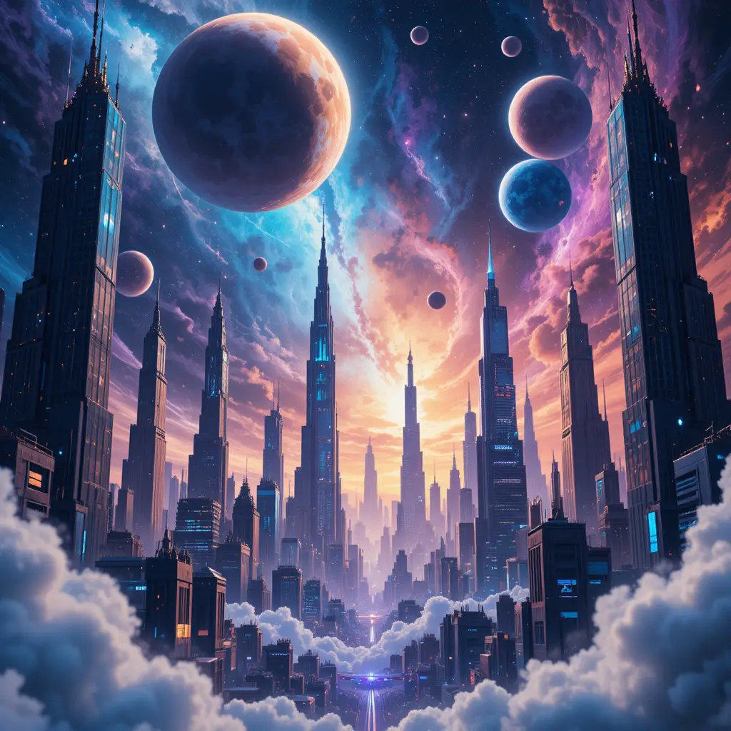 Futuristic city skyline beneath colorful planets and moons