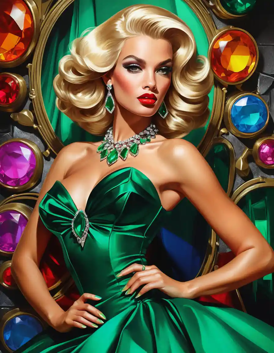 Blonde fashion woman in emerald inspired formal gala gown