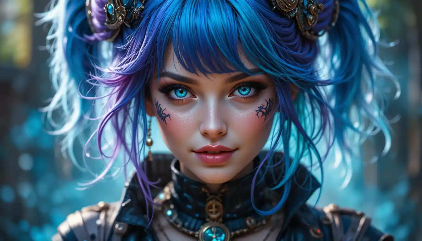 Playful steampunk woman with vibrant blue and purple hair