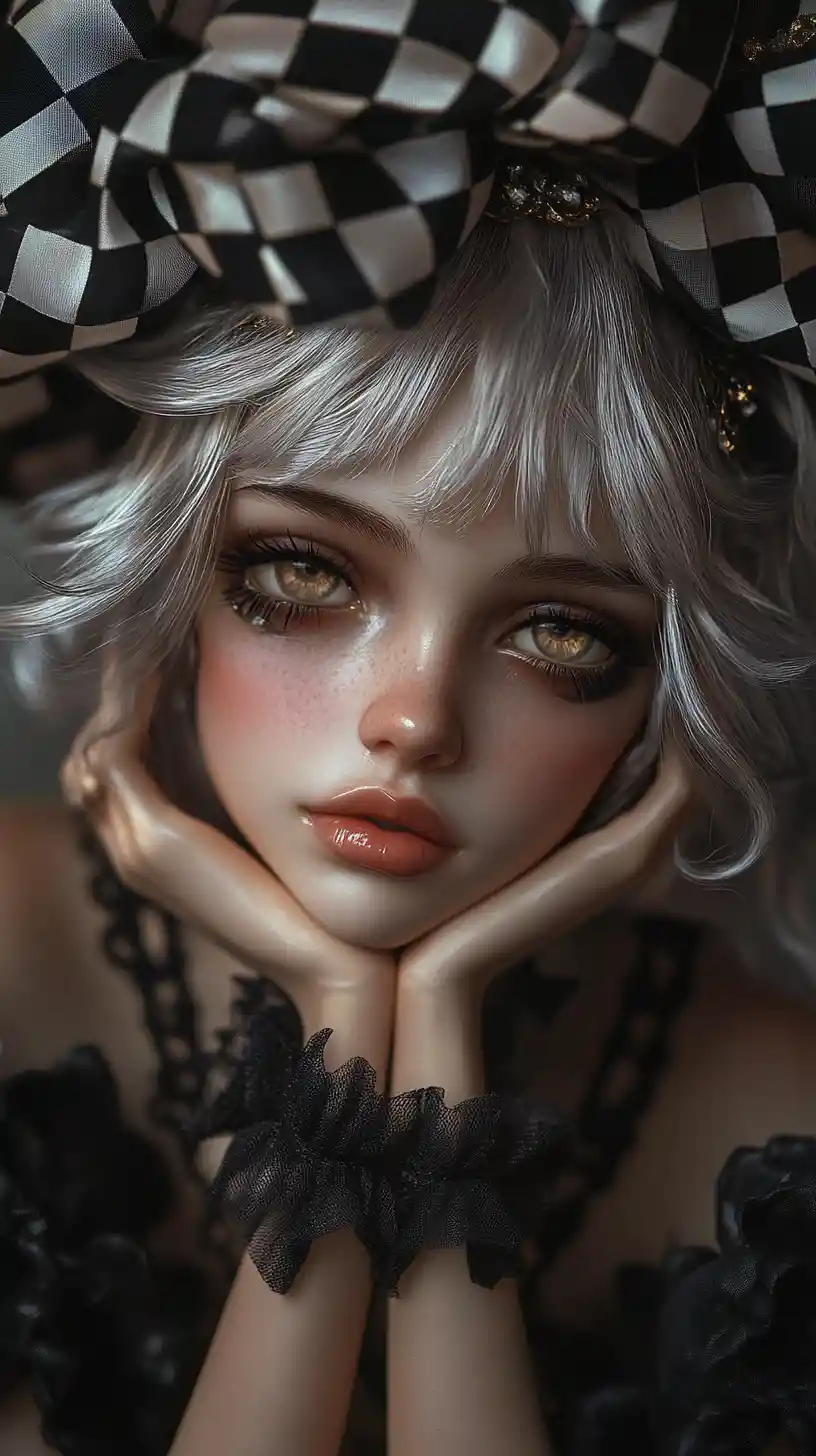 Melancholic gothic doll girl in harlequin costume portrait