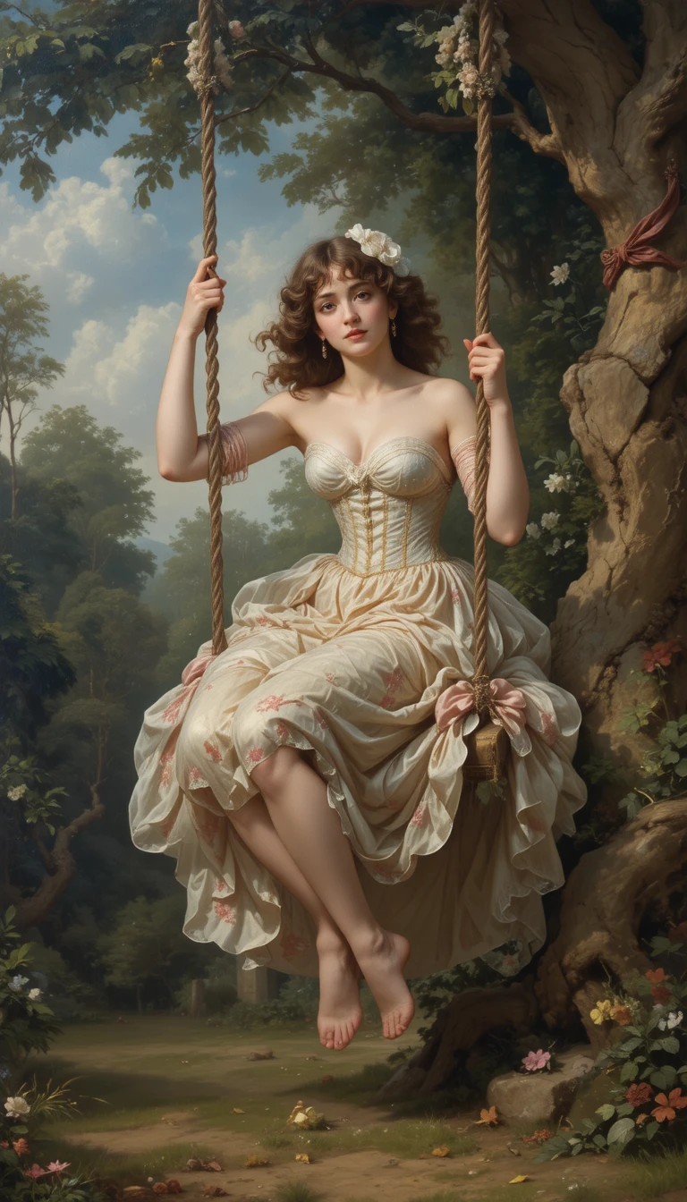Young woman on a swing in a playful garden scene
