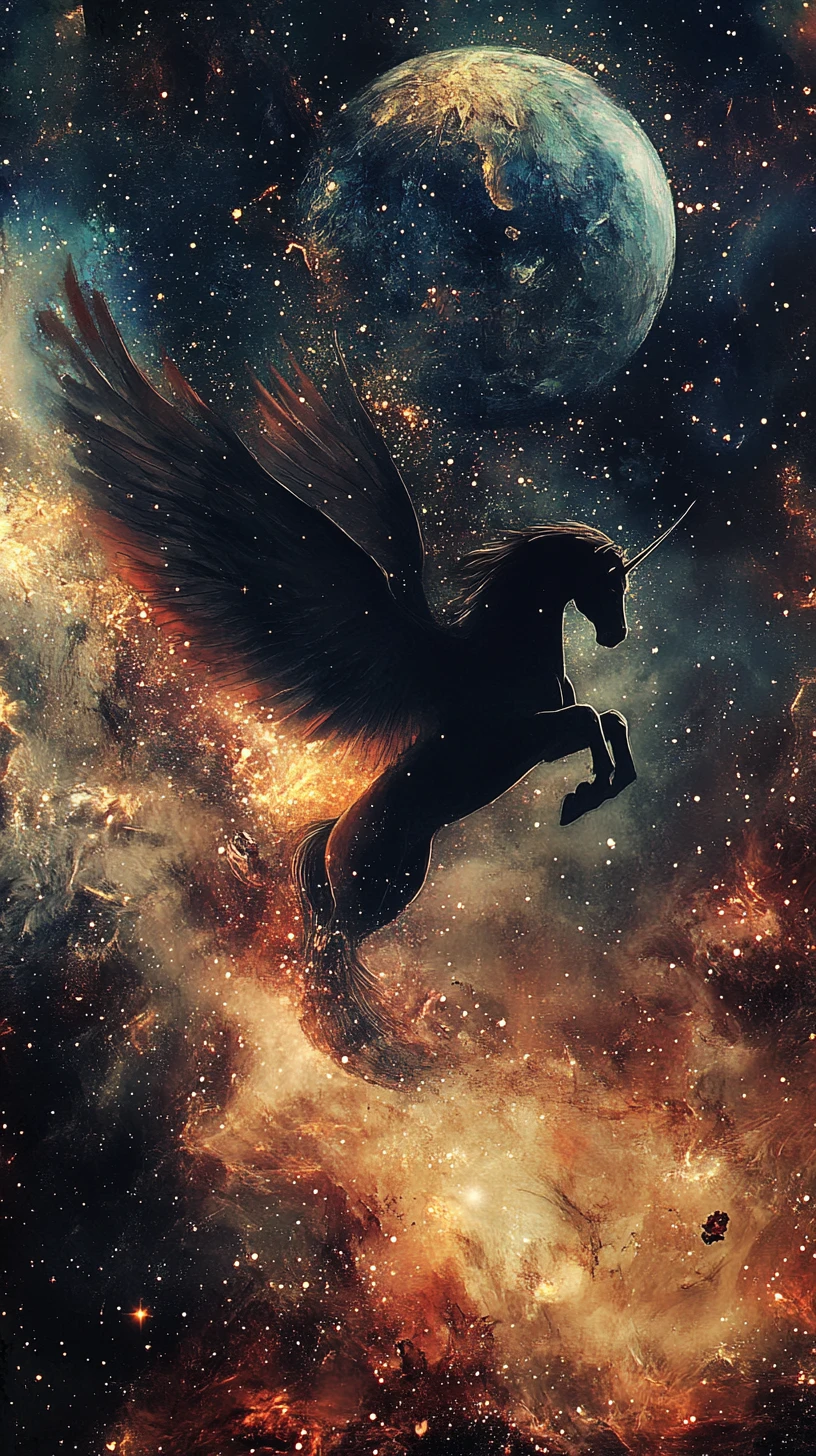Mystical Pegasus Descending Over A Swirling Starry Planet