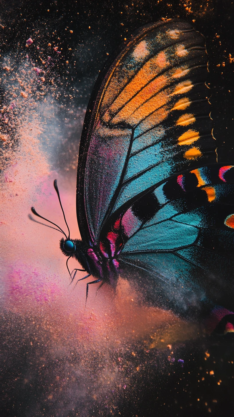 Butterfly face dissolving into drifting pigment particles