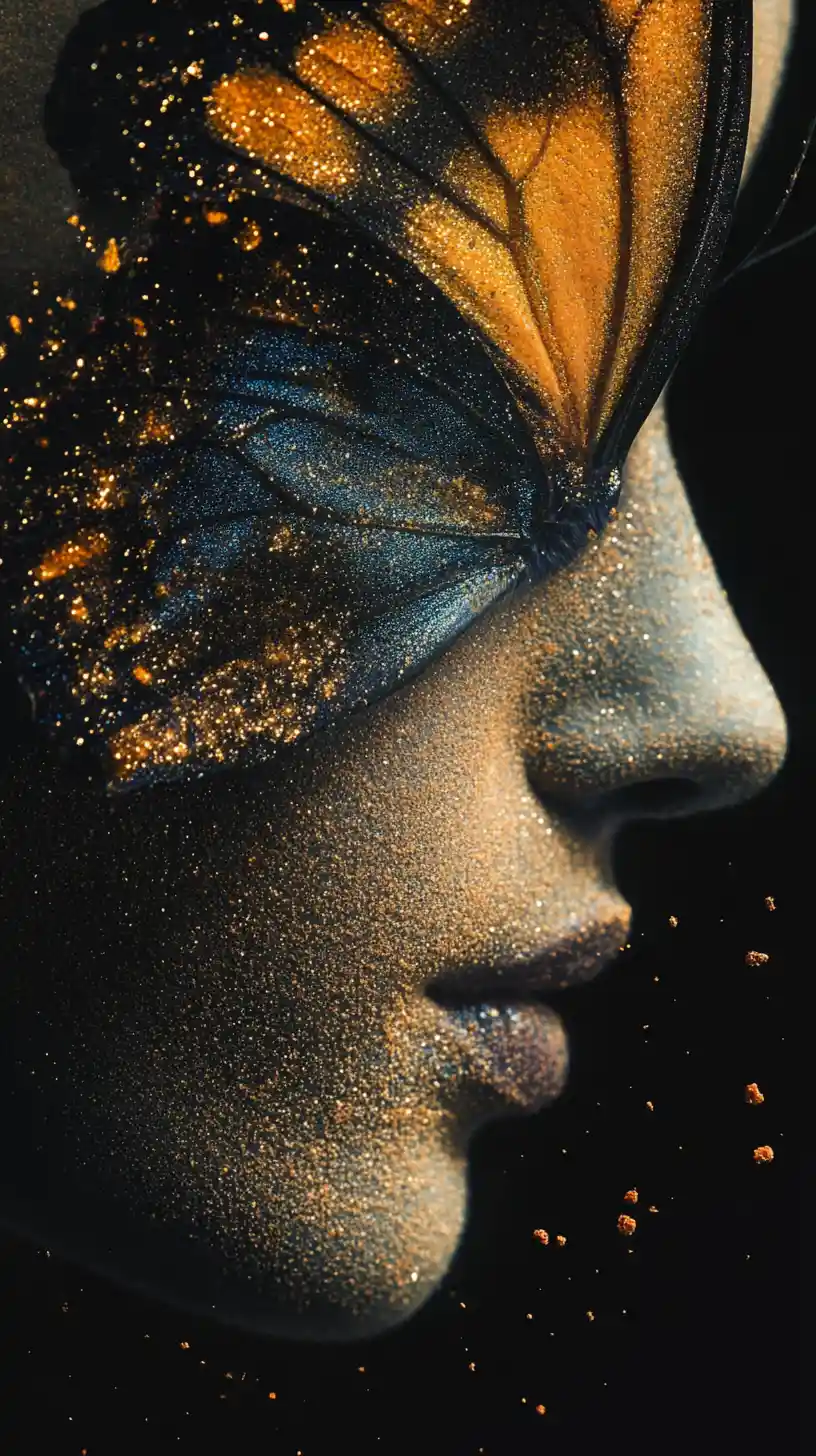 Macro butterfly face dissolving into drifting pigment particles