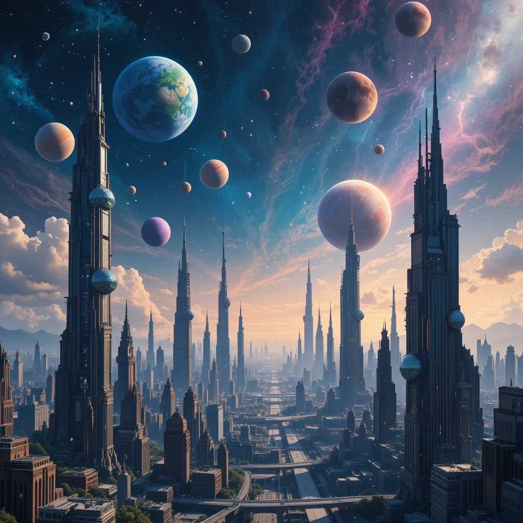 Futuristic cityscape under colorful planets and moons