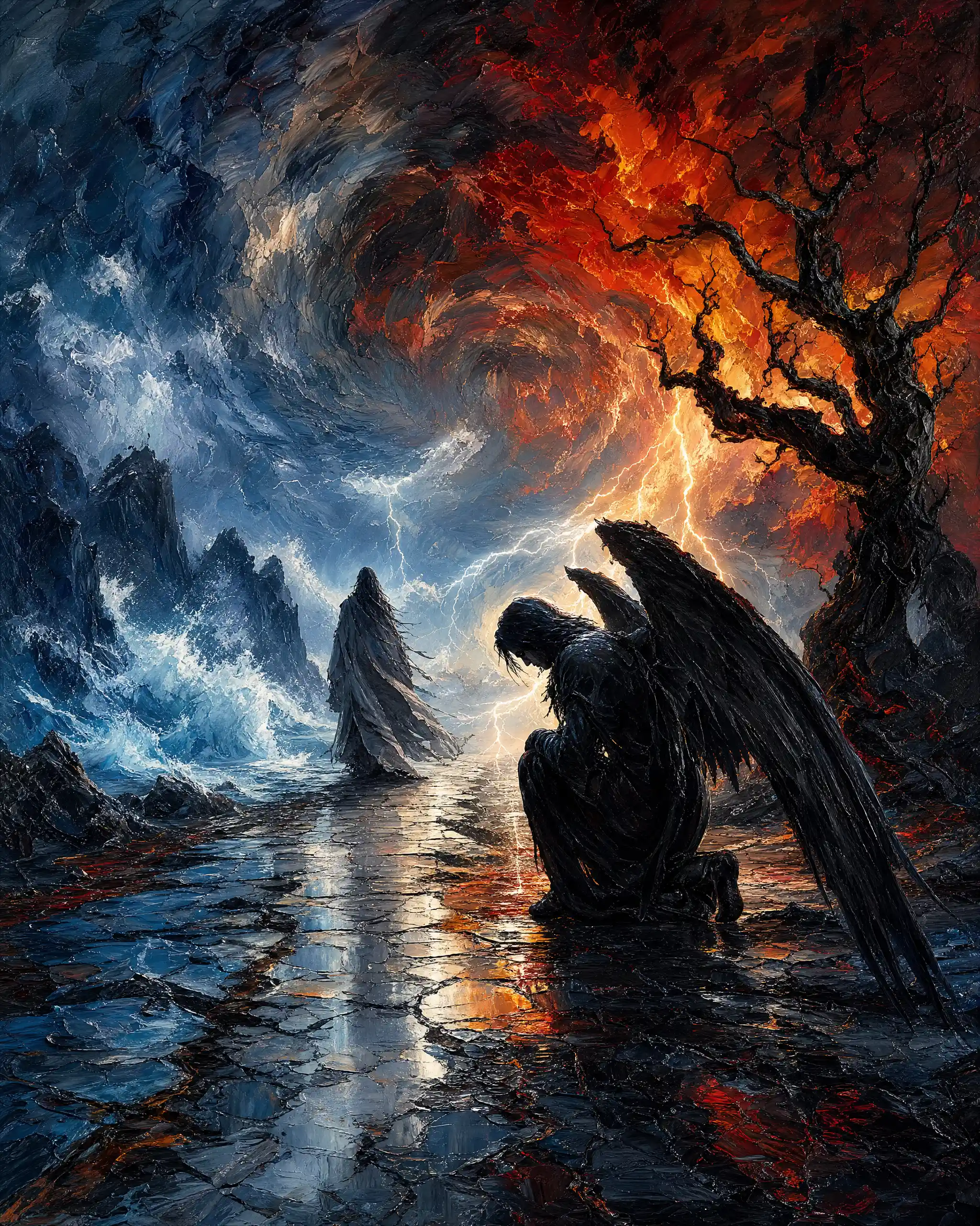 Dark angel kneeling on rocks before a violent storm