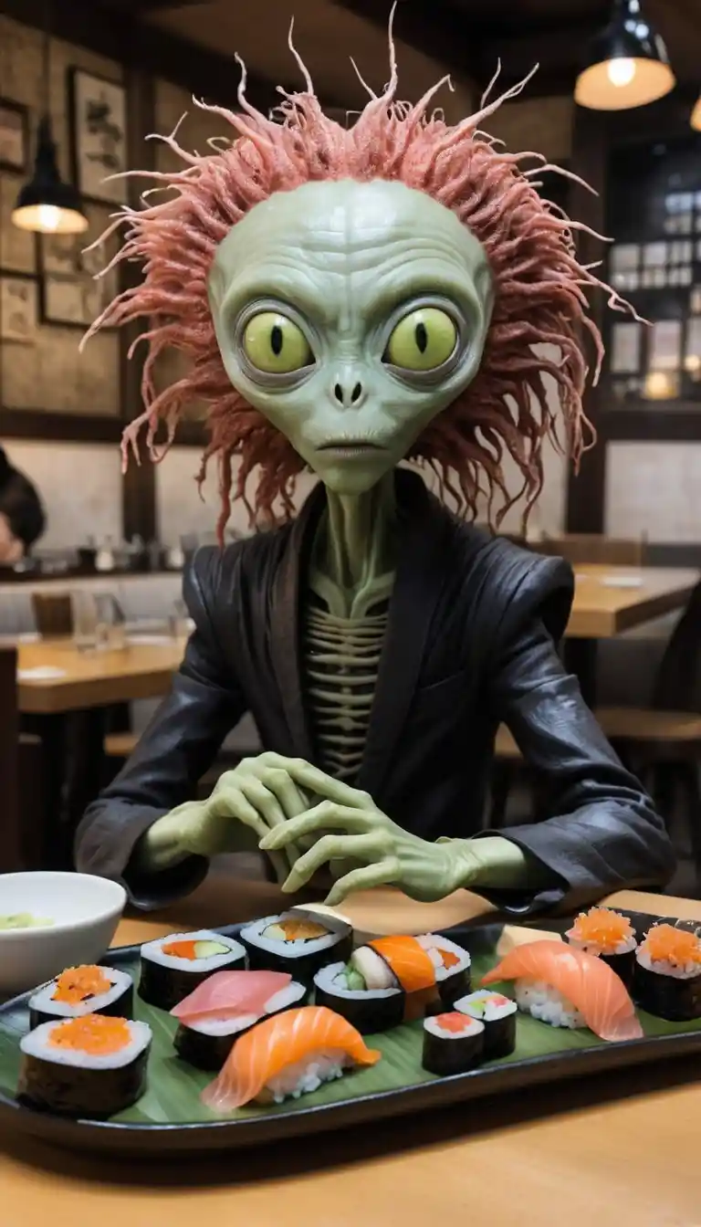 Whimsical clay monsters as sushi chefs in a forest