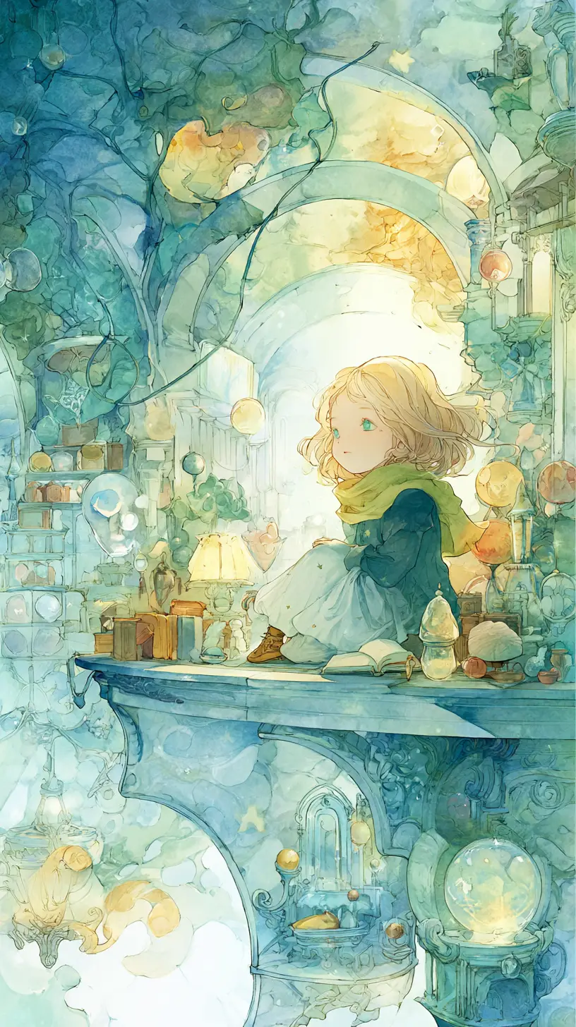 Young witch in a dreamy magical interior side profile