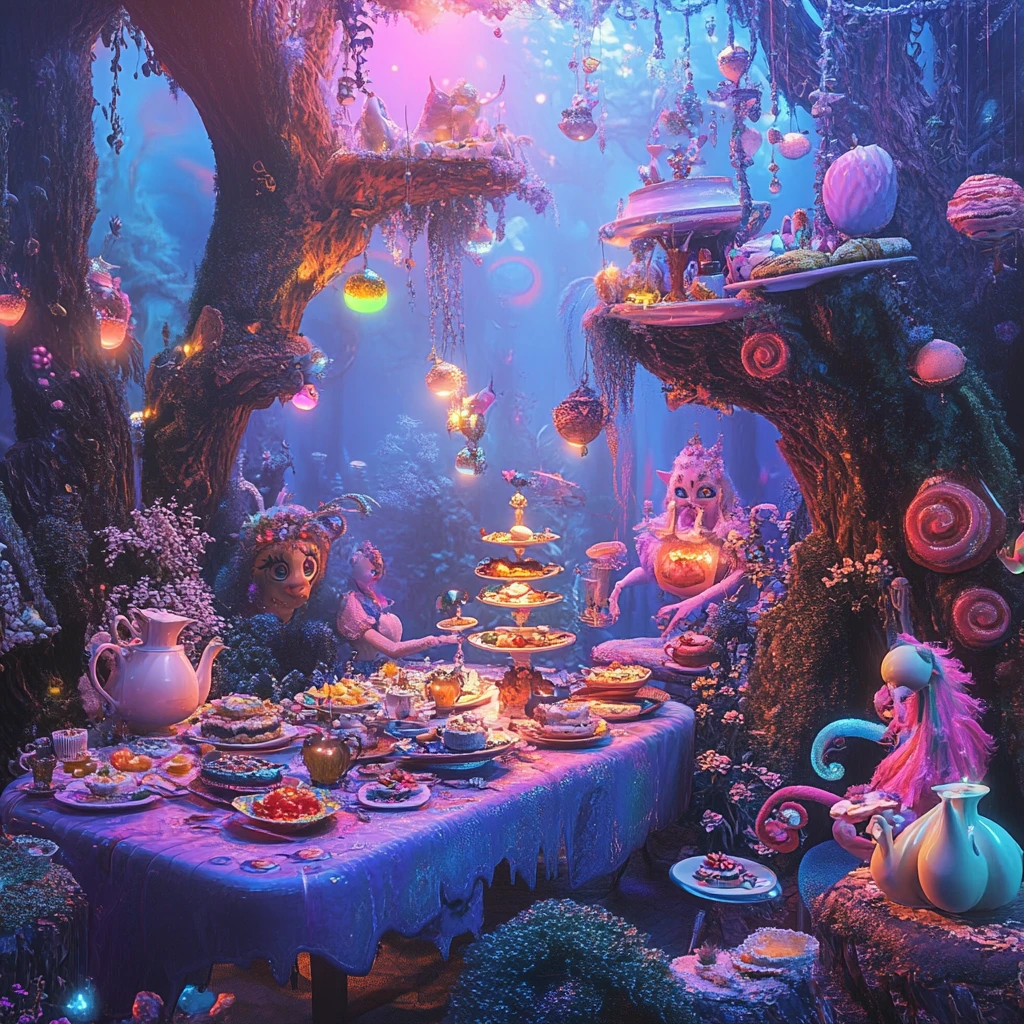 魔法の森で朝食をとる不思議なファンタジーキャラクターたち