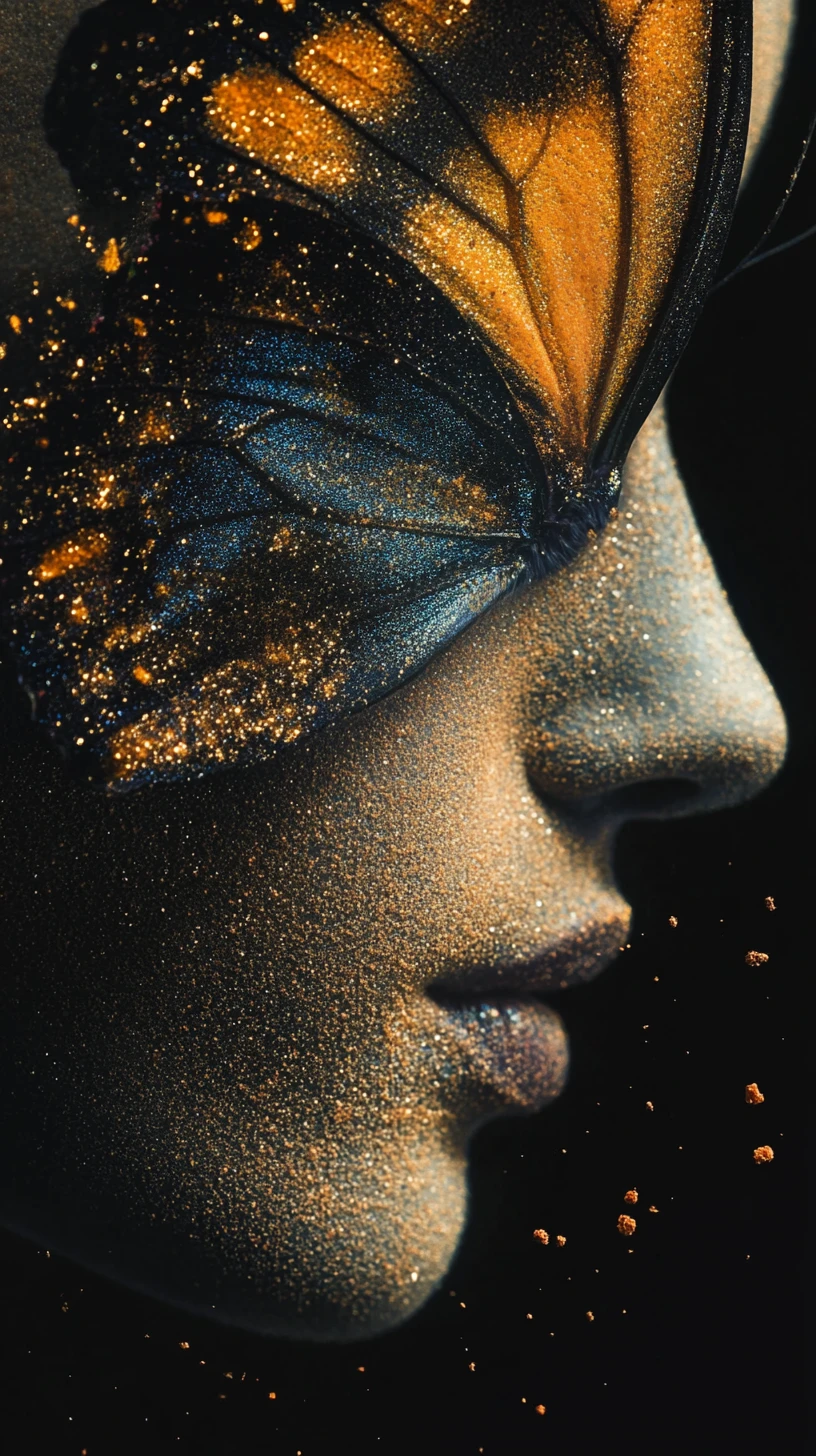 Macro butterfly face dissolving into drifting pigment particles
